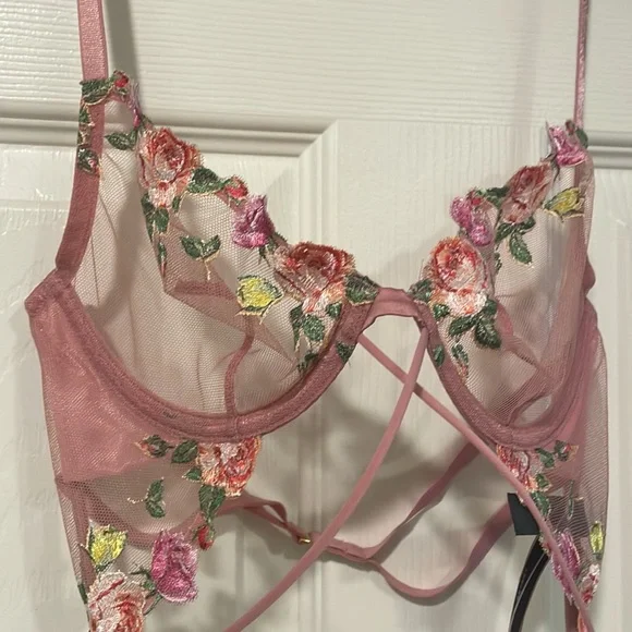 Victoria's Secret Pink Dusty Rose Floral Embroidered Strappy Teddy Lingerie - Picture 4 of 10